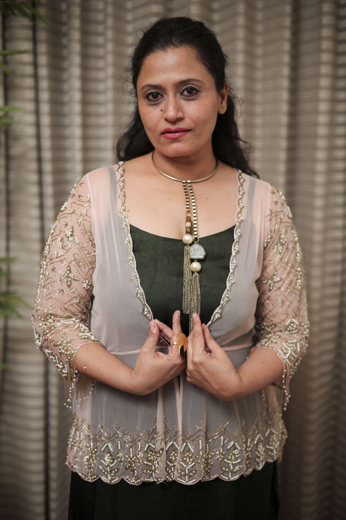 Blush Pink Sheer Tulle Shrug with Scalloped Intricate Beadwork