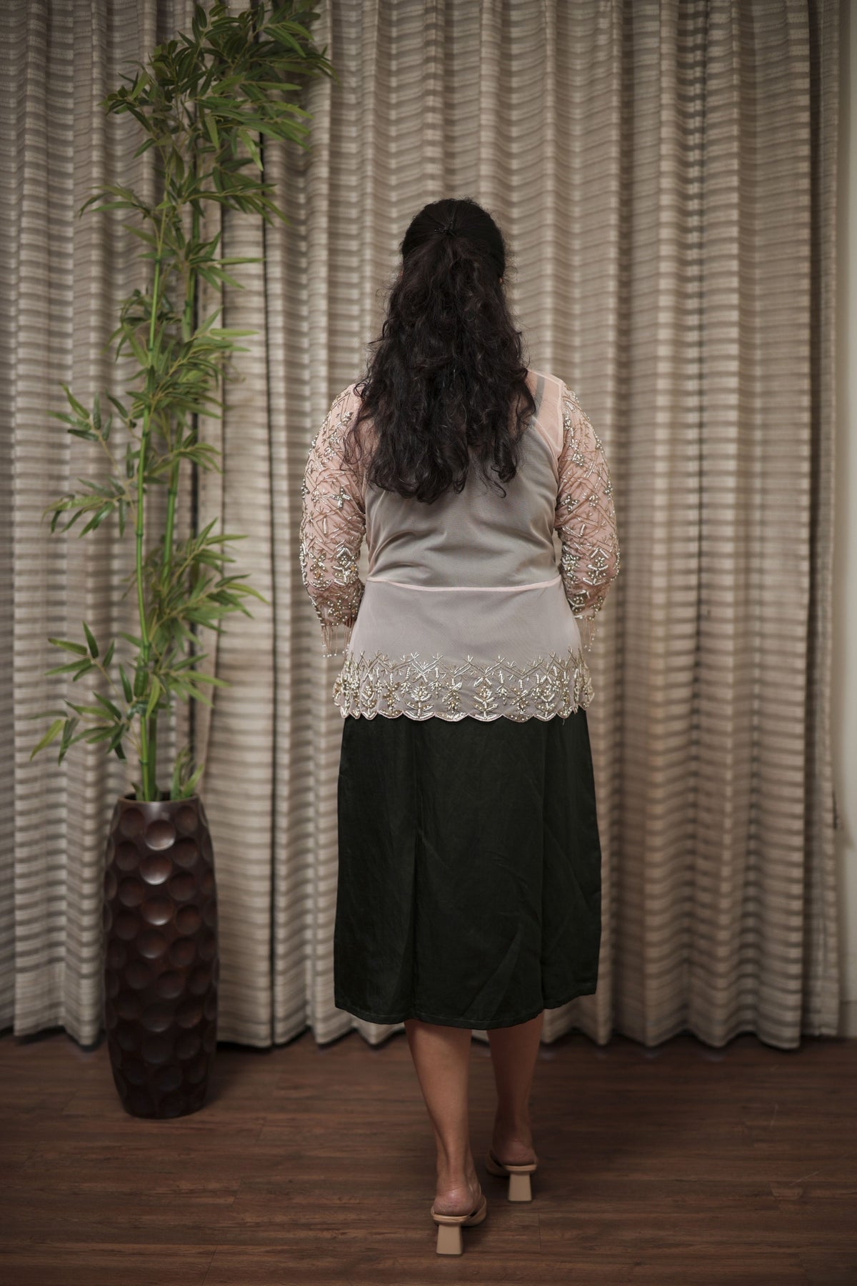 Blush Pink Sheer Tulle Shrug with Scalloped Intricate Beadwork