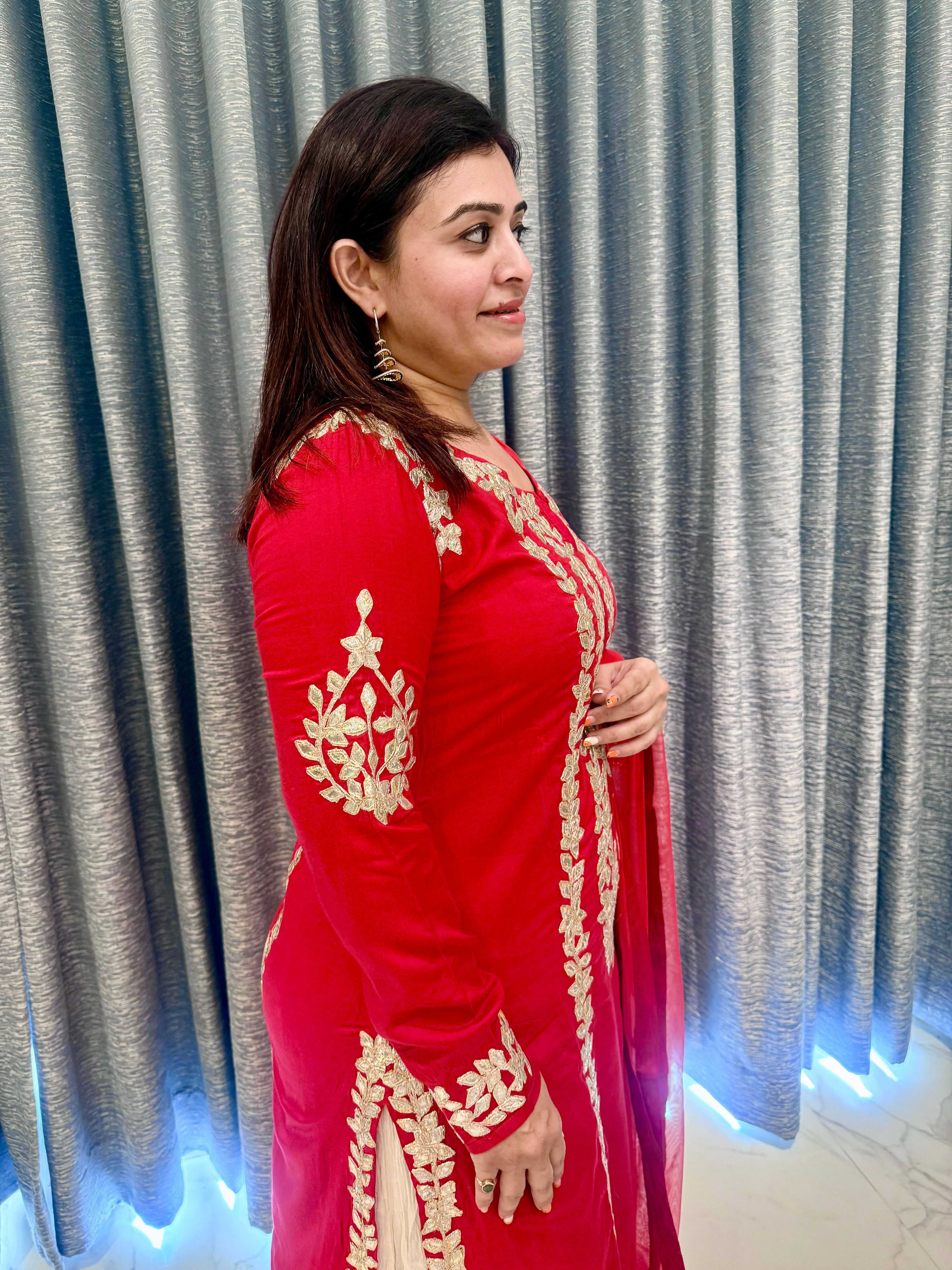Sophisticated Crimson Straight-Cut Kurta & Tiered Sharara