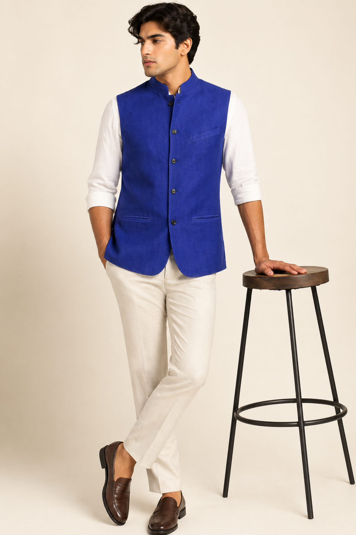 Elegant Royal Blue Mandarin Collar Nehru Jacket