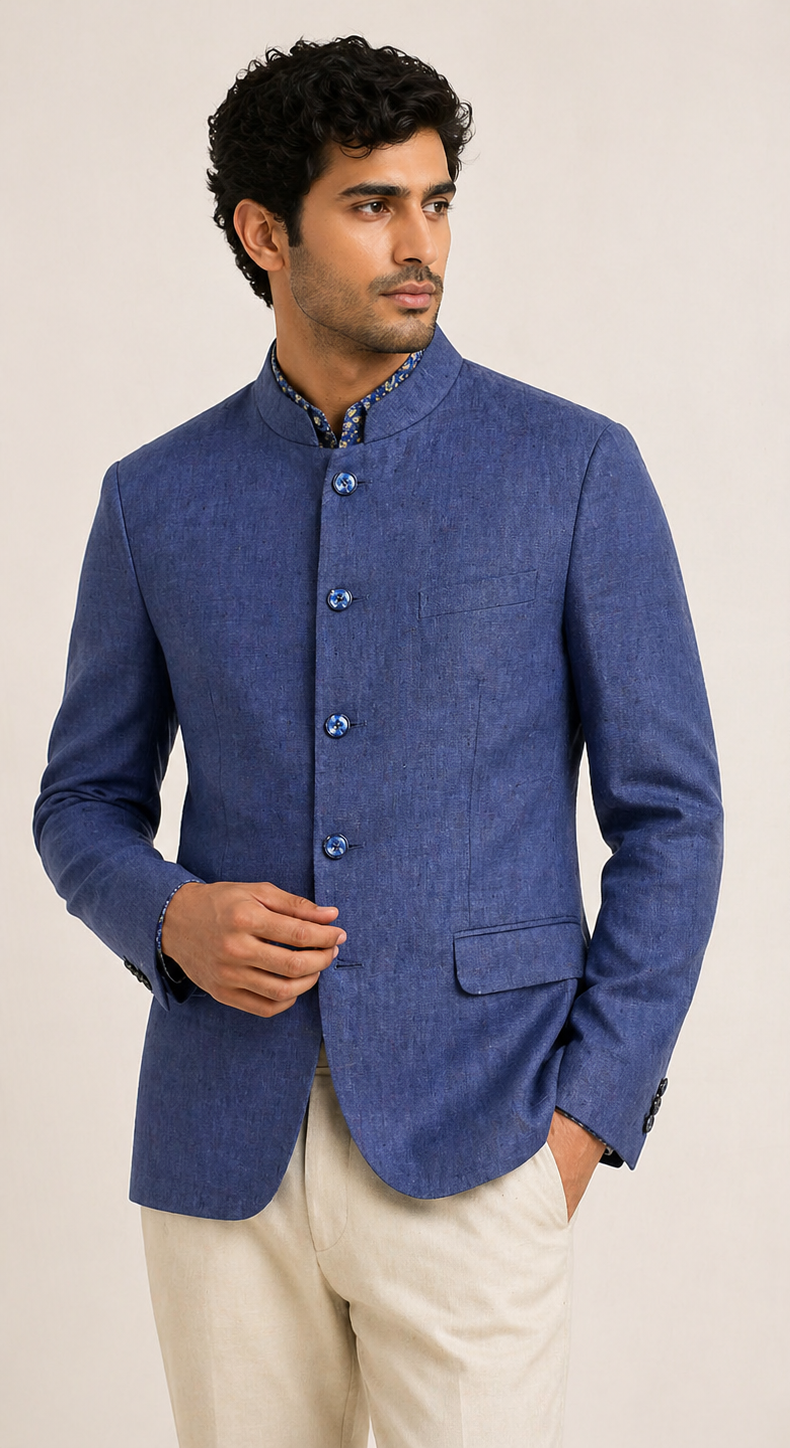 Sophisticated Indigo Blue Textured Jodhpuri Blazer