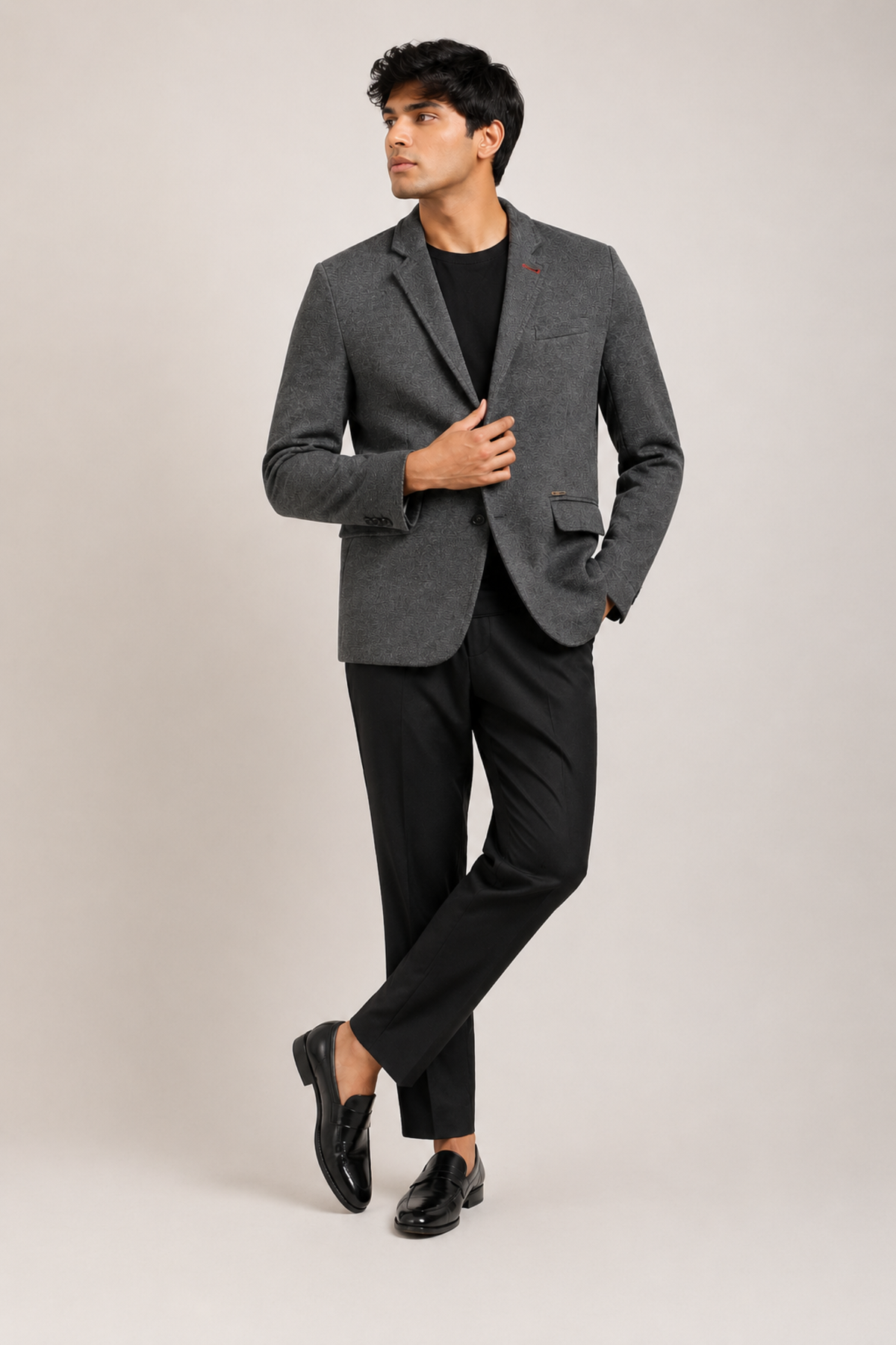 Premium Charcoal Grey Textured Blazer with Elbow Patches