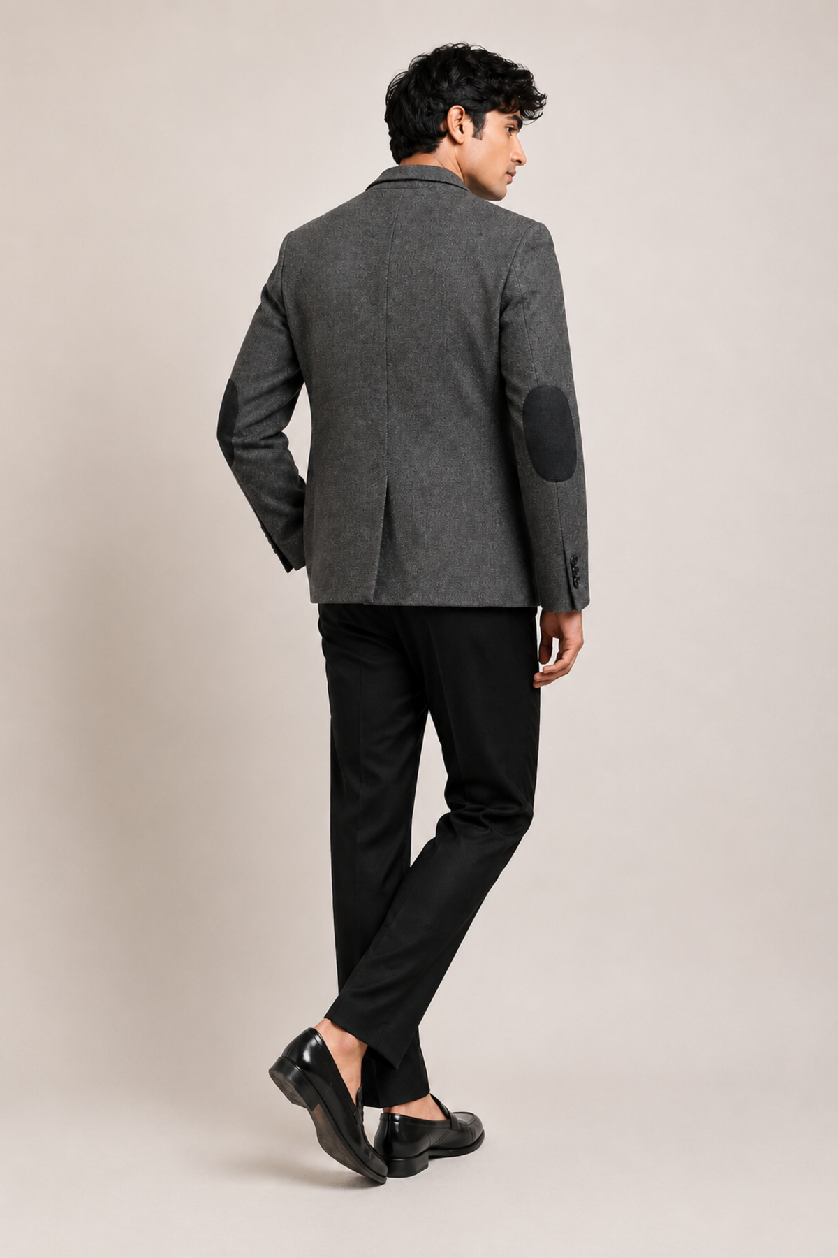 Premium Charcoal Grey Textured Blazer with Elbow Patches