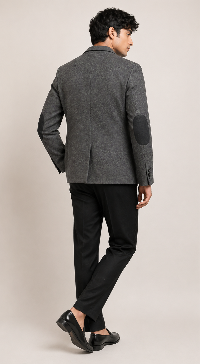 Premium Charcoal Grey Textured Blazer with Elbow Patches