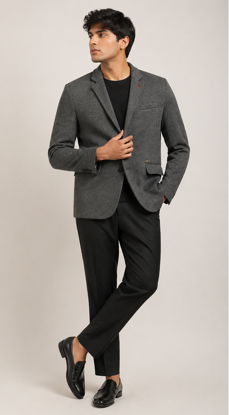 Premium Charcoal Grey Textured Blazer with Elbow Patches
