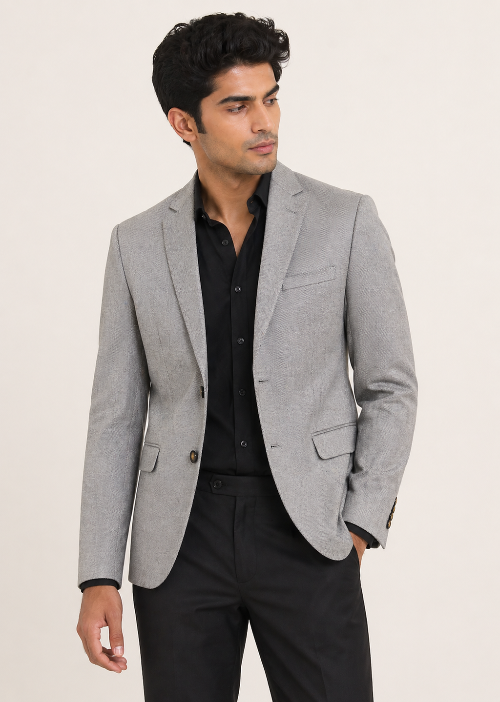 Timeless Light Grey Melange Slim-Fit Blazer