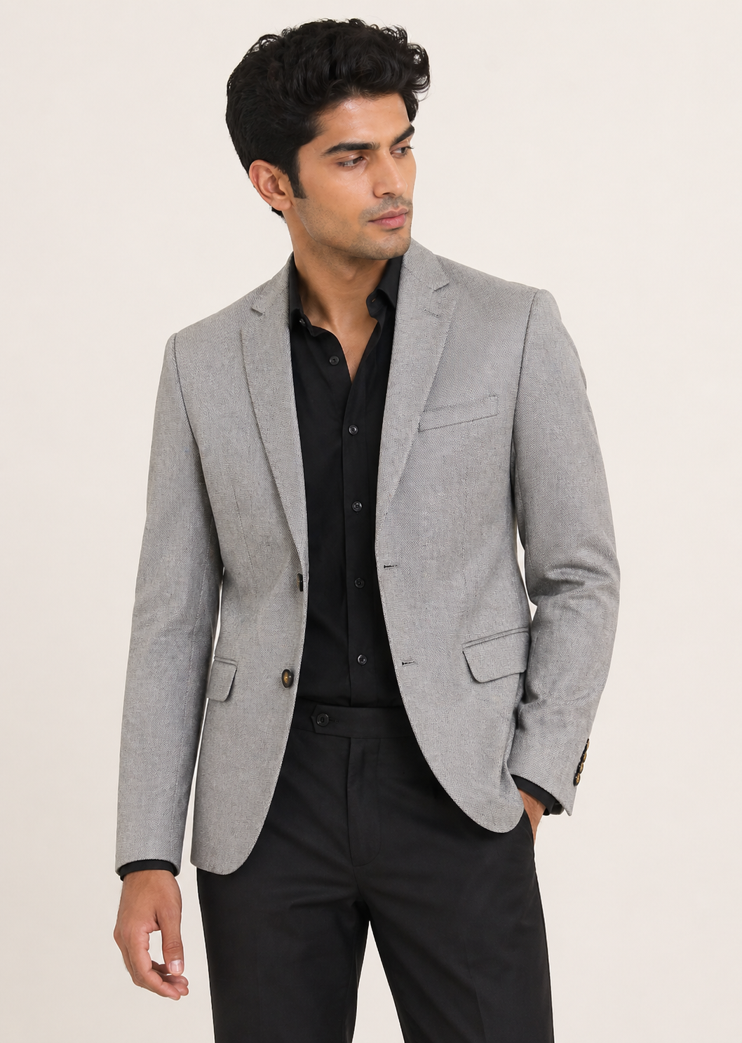 Timeless Light Grey Melange Slim-Fit Blazer