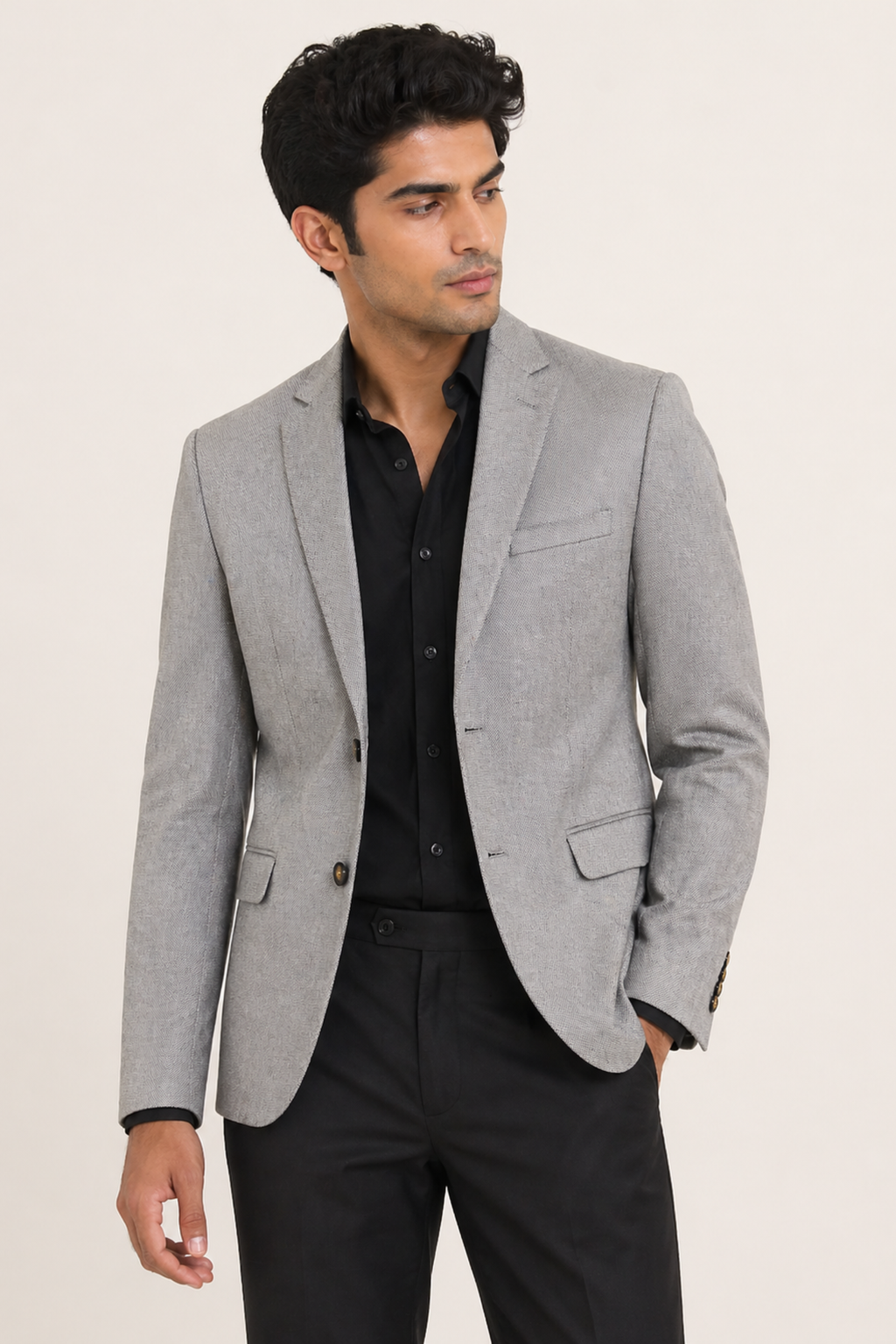 Timeless Light Grey Melange Slim-Fit Blazer