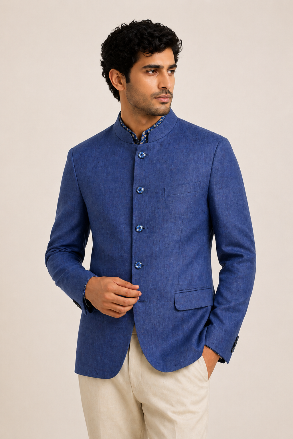 Sophisticated Indigo Blue Textured Jodhpuri Blazer