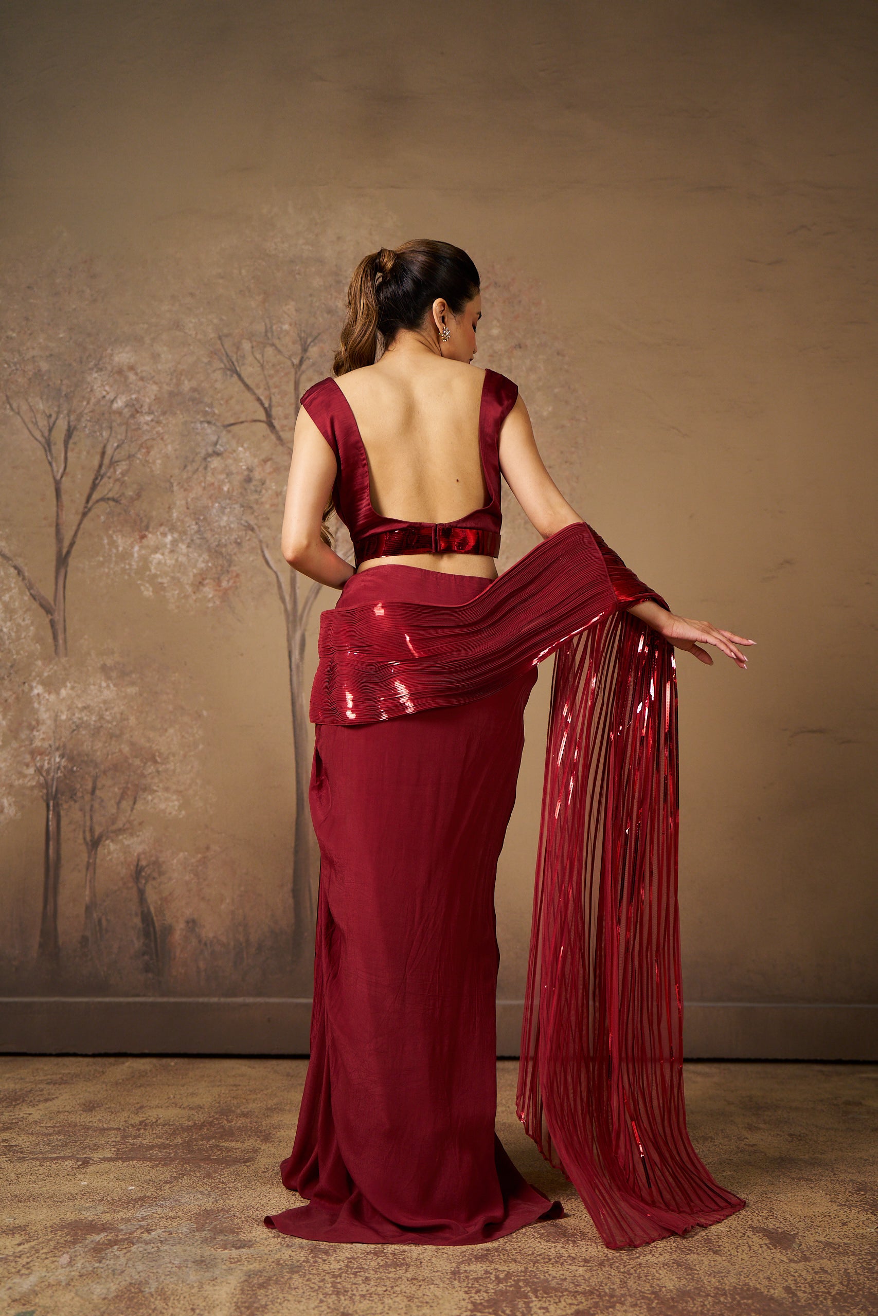 Luxurious Burgundy Drape Saree