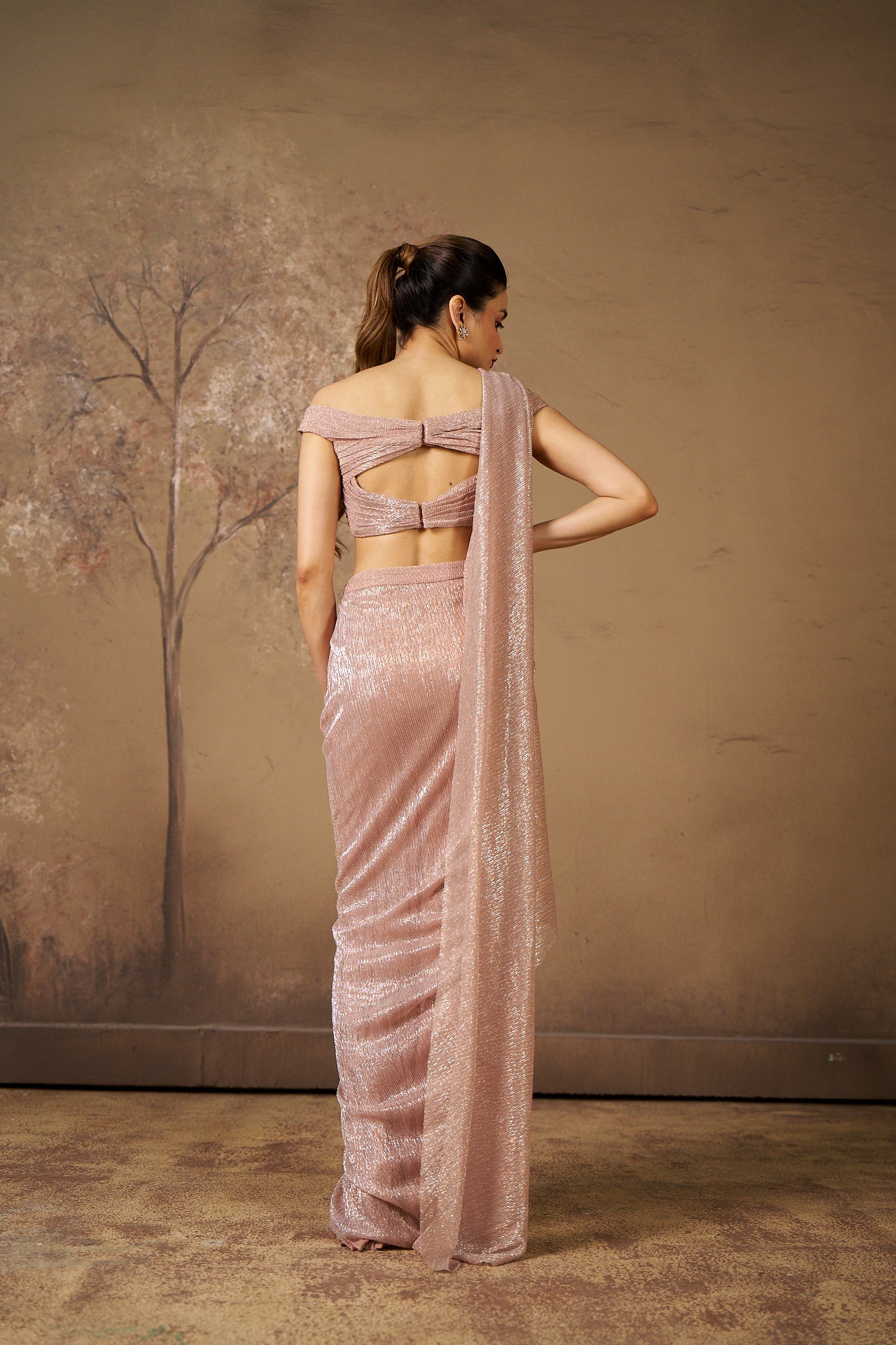 Rose Gold Shimmer Drape Saree