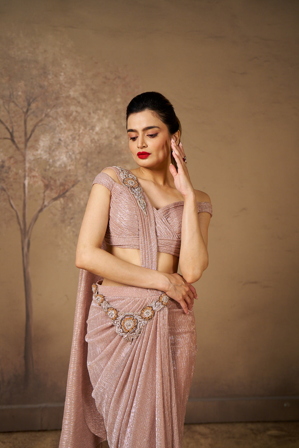 Rose Gold Shimmer Drape Saree