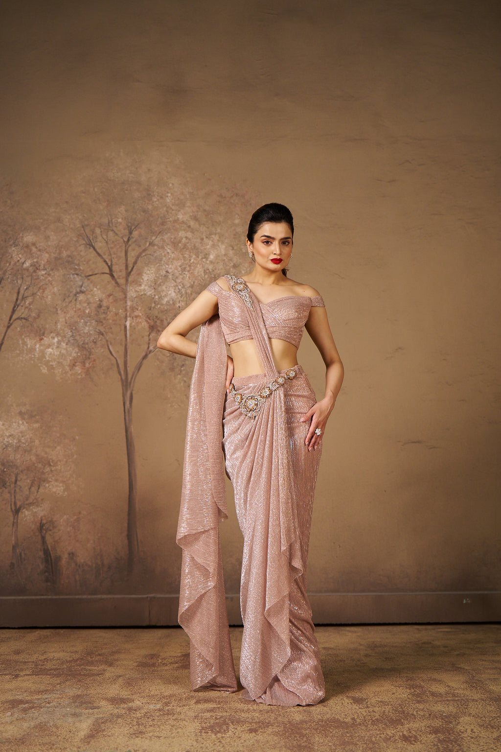 Rose Gold Shimmer Drape Saree
