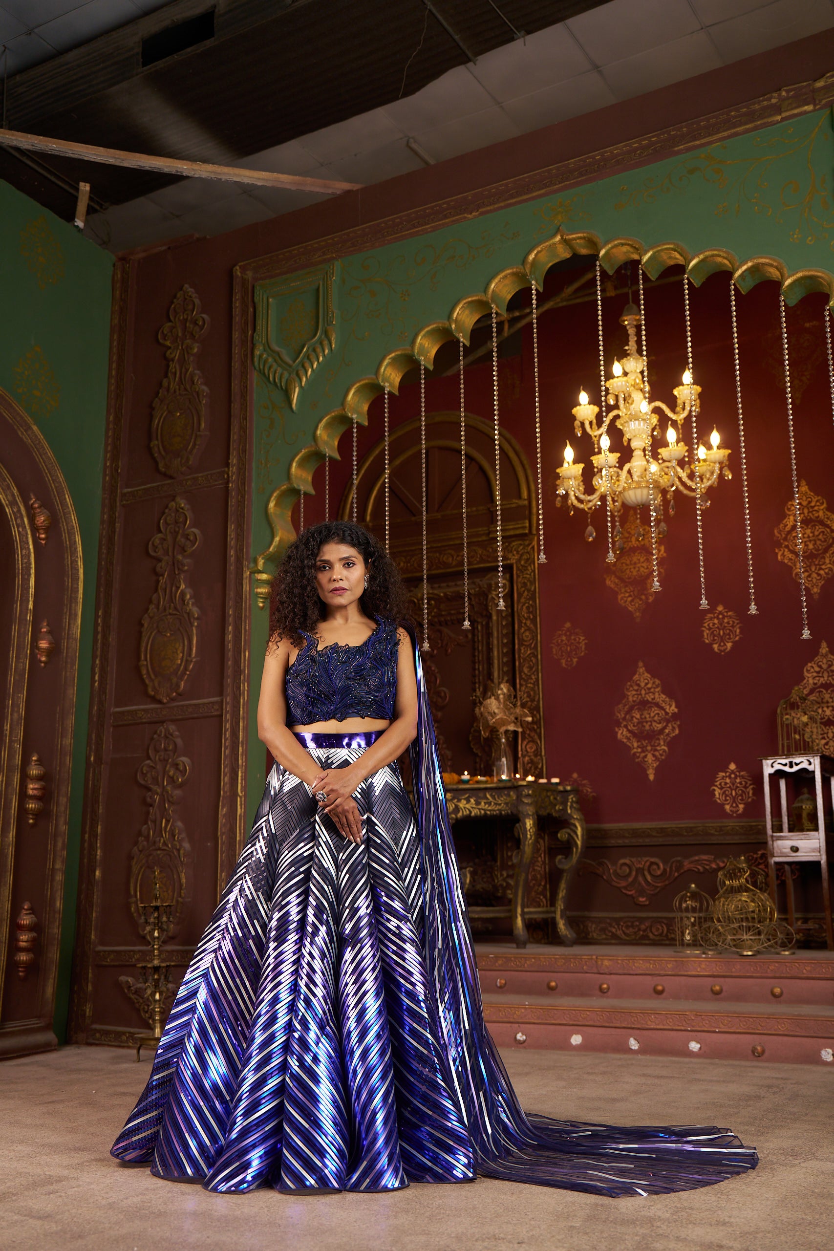 Regal Blue and Metallic Stripe Lehenga