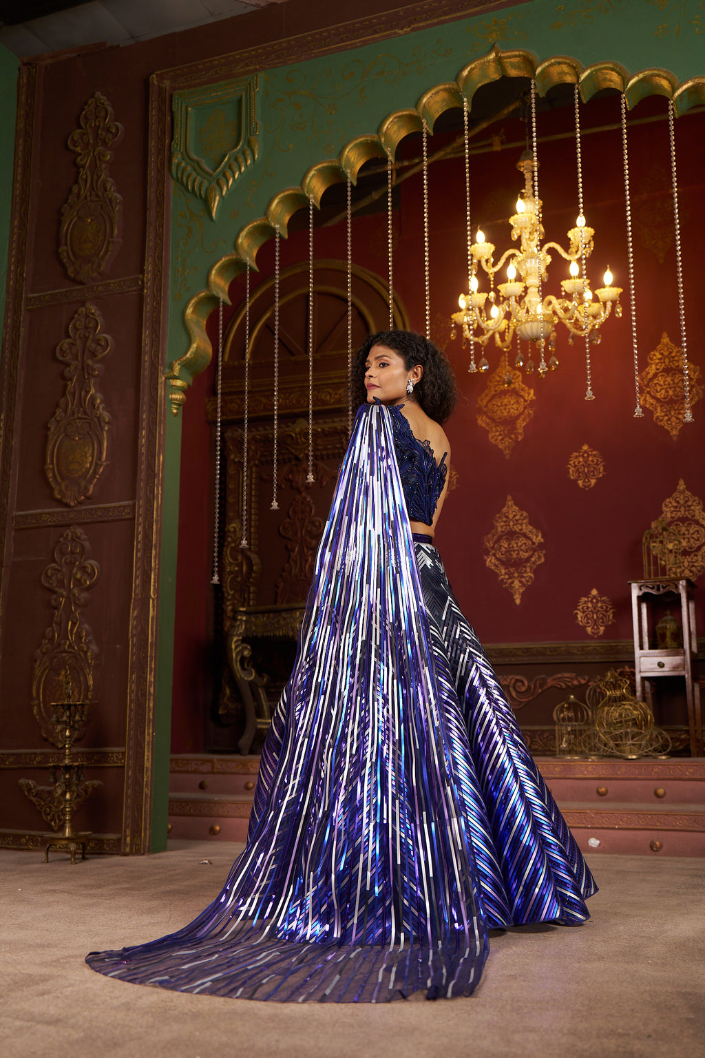 Regal Blue and Metallic Stripe Lehenga