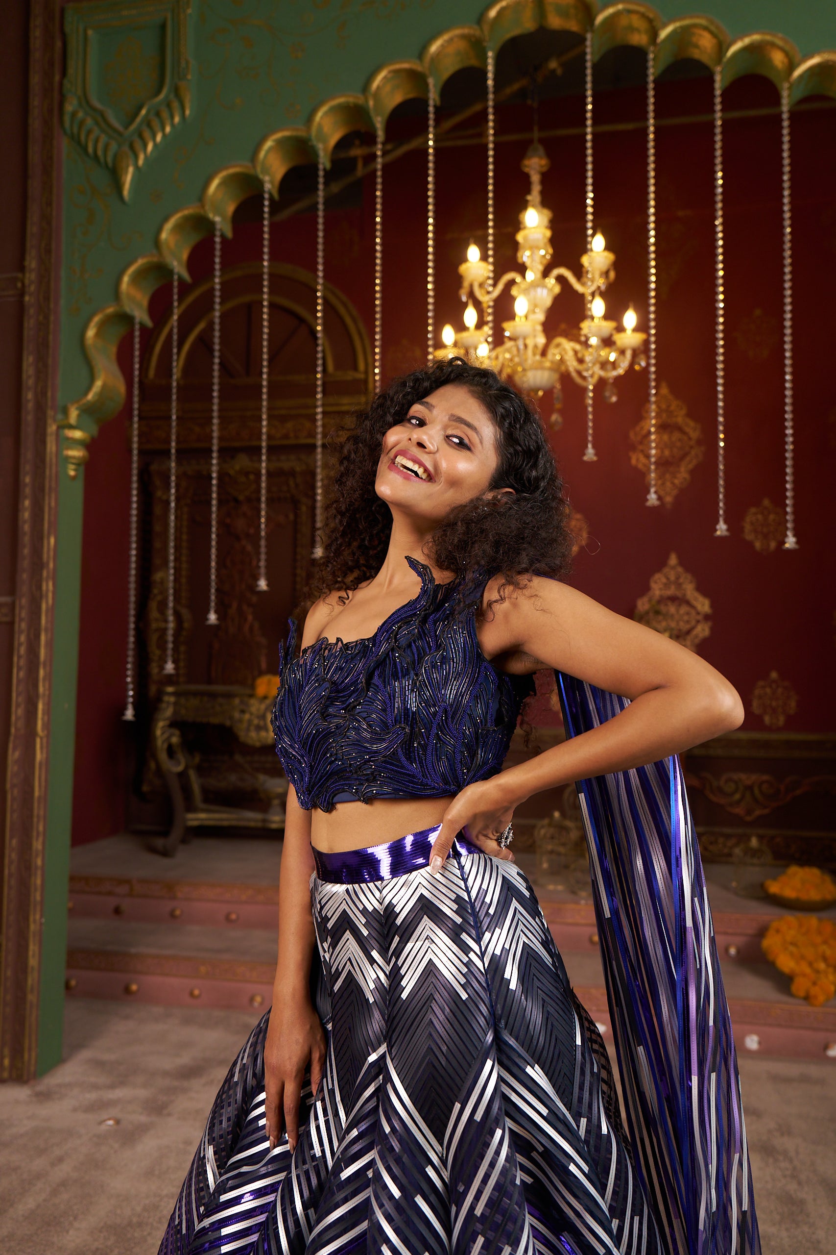 Regal Blue and Metallic Stripe Lehenga