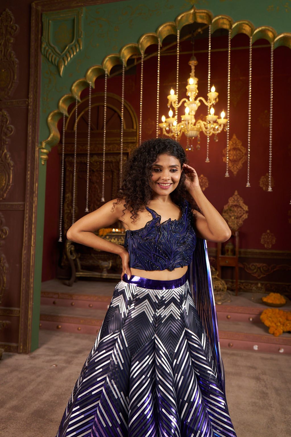 Regal Blue and Metallic Stripe Lehenga