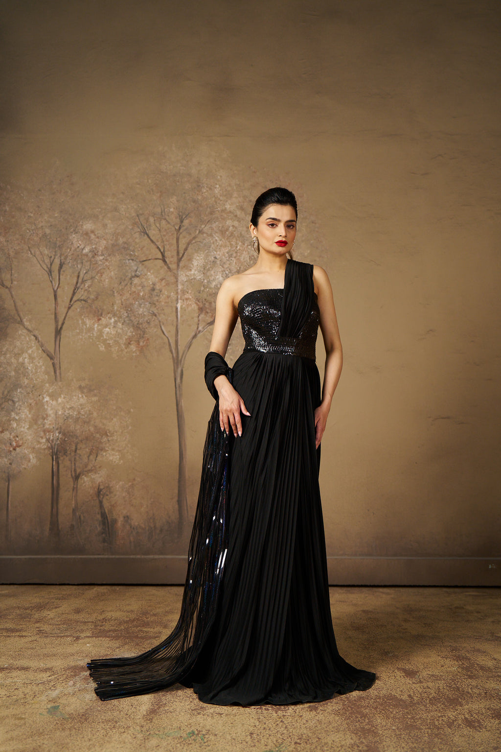 Black Sequin Strapless Gown with Pleats