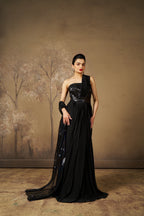 Black Sequin Strapless Gown with Pleats