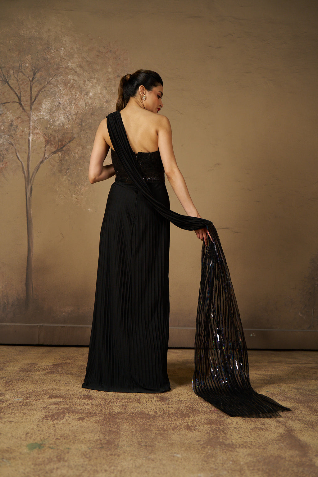 Black Sequin Strapless Gown with Pleats