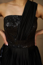 Black Sequin Strapless Gown with Pleats