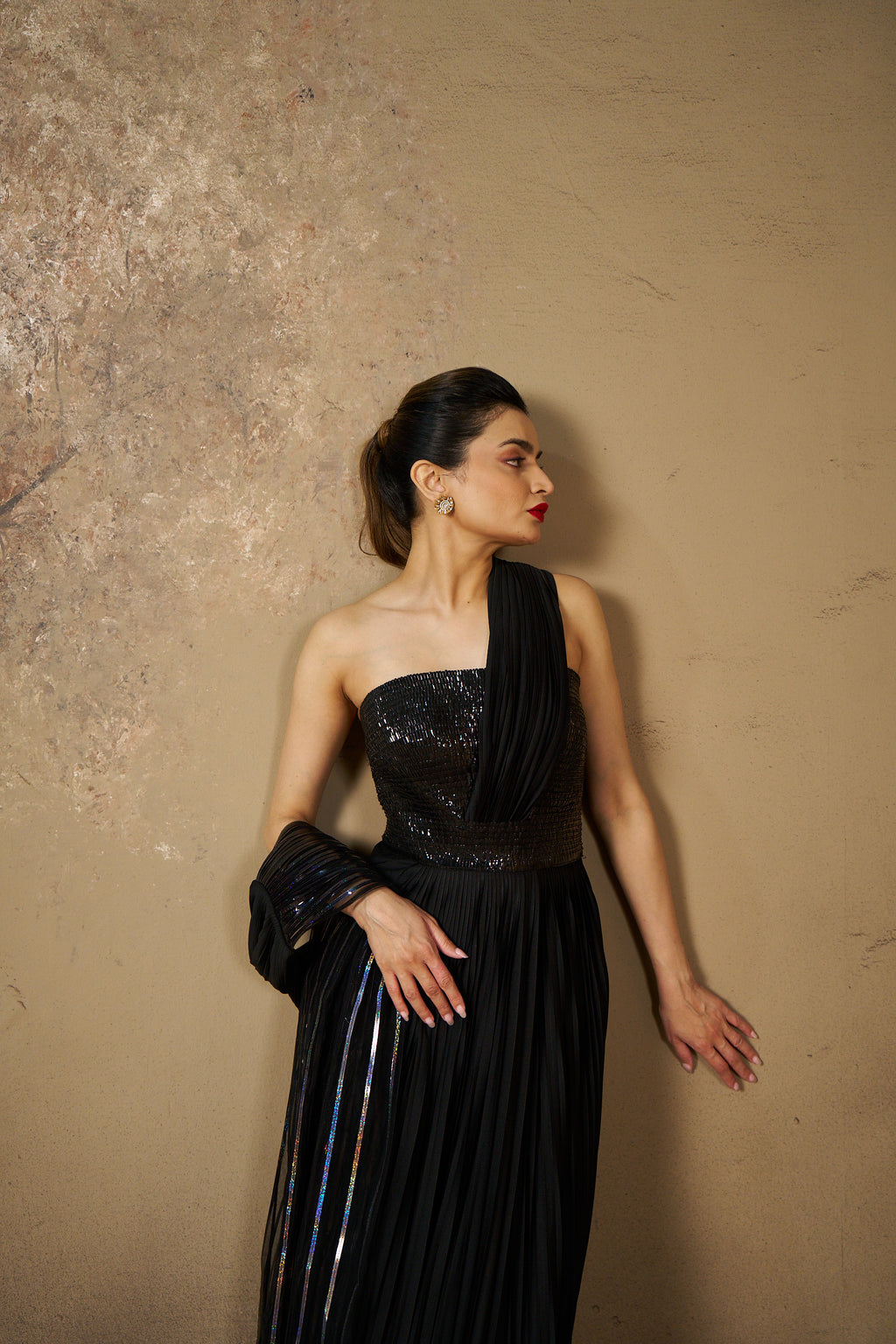 Black Sequin Strapless Gown with Pleats