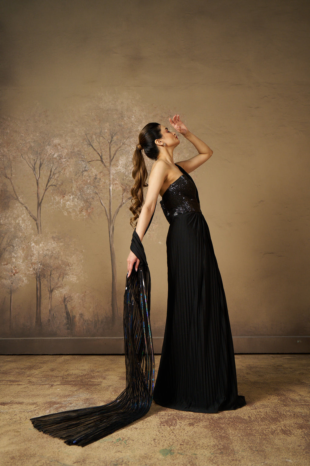 Black Sequin Strapless Gown with Pleats