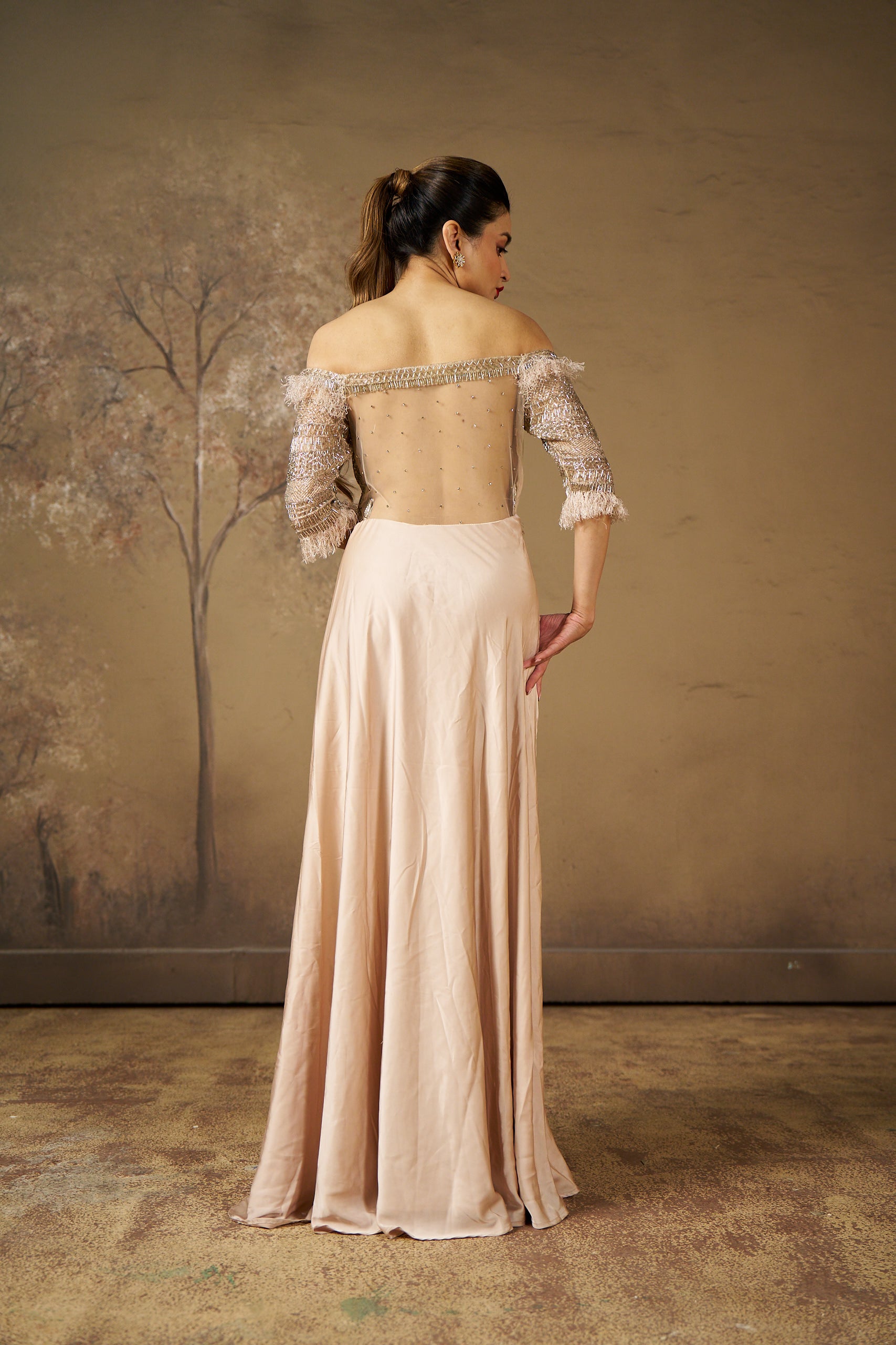 Champagne Embroidered Off-Shoulder Gown
