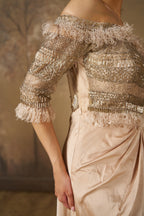 Champagne Embroidered Off-Shoulder Gown