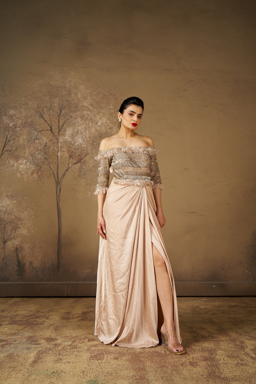 Champagne Embroidered Off-Shoulder Gown