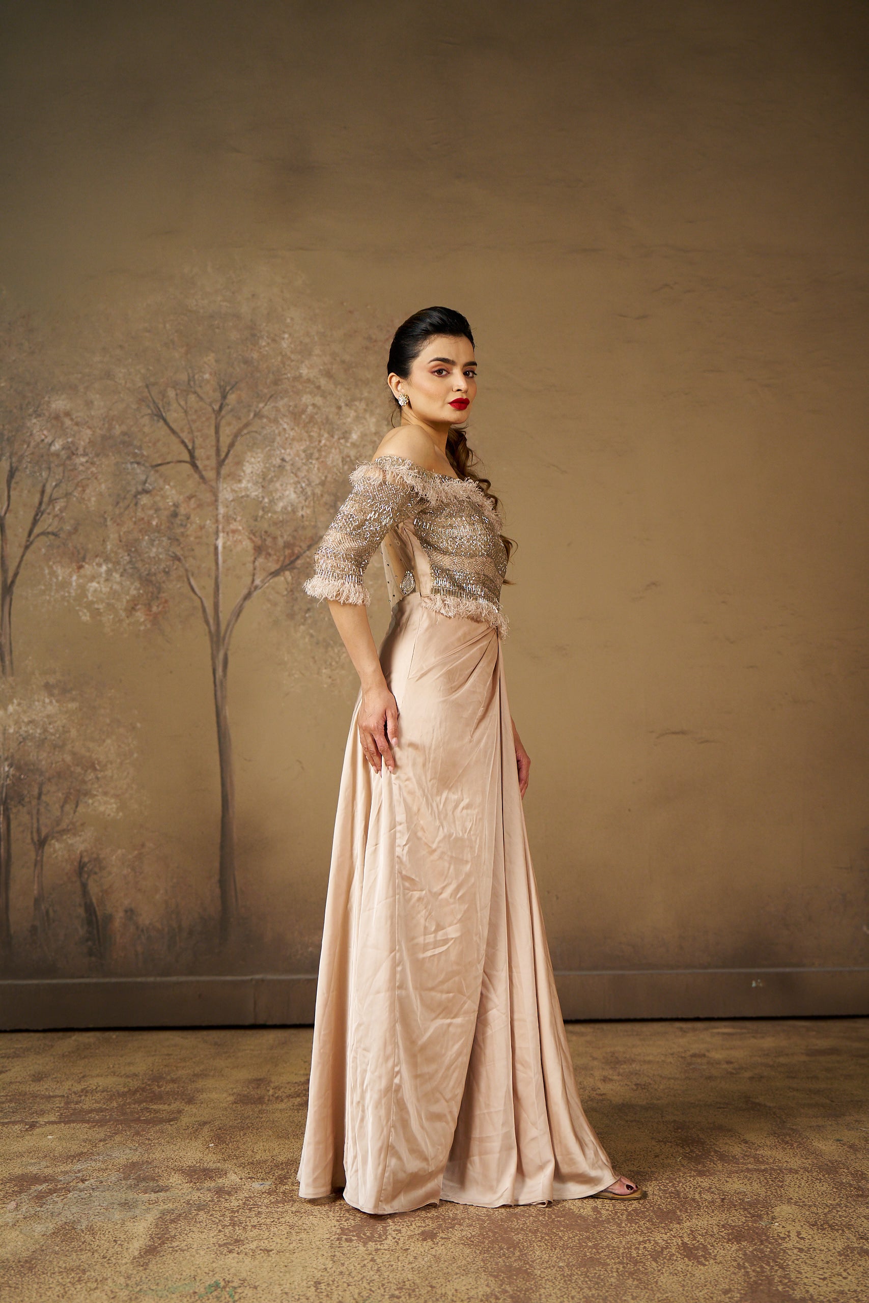 Champagne Embroidered Off-Shoulder Gown