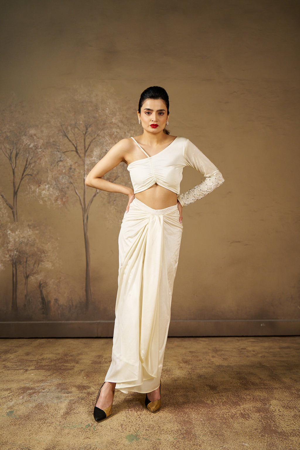 White Dhoti Top Co-Ord Set with Tikki Cutdana Work