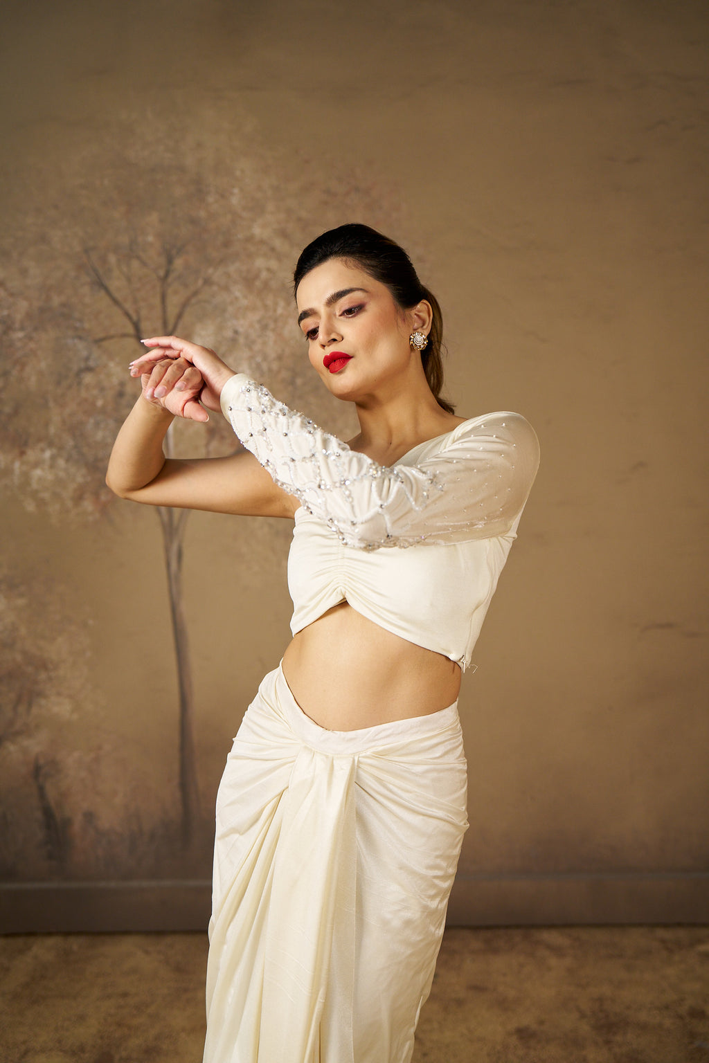 White Dhoti Top Co-Ord Set with Tikki Cutdana Work