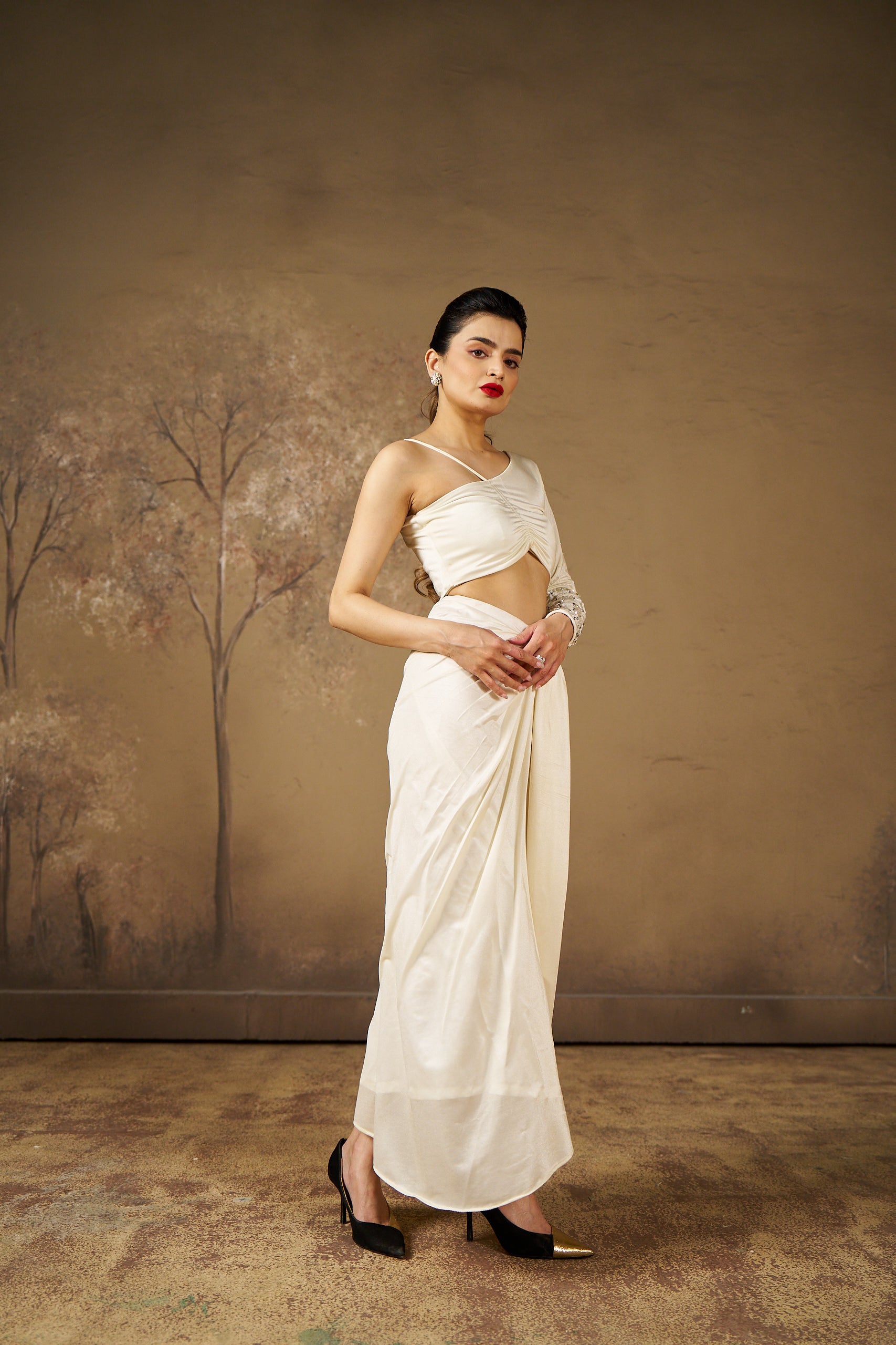 White Dhoti Top Co-Ord Set with Tikki Cutdana Work