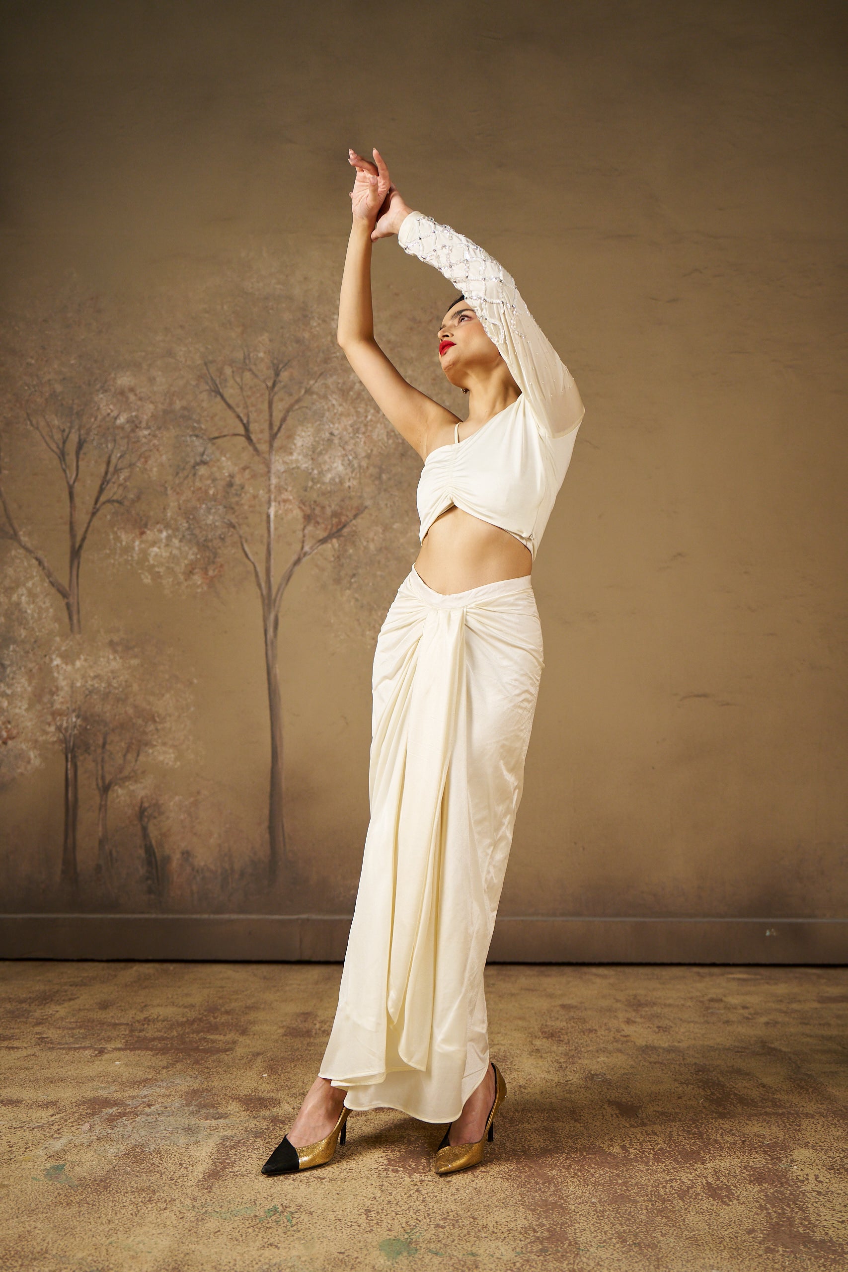 White Dhoti Top Co-Ord Set with Tikki Cutdana Work