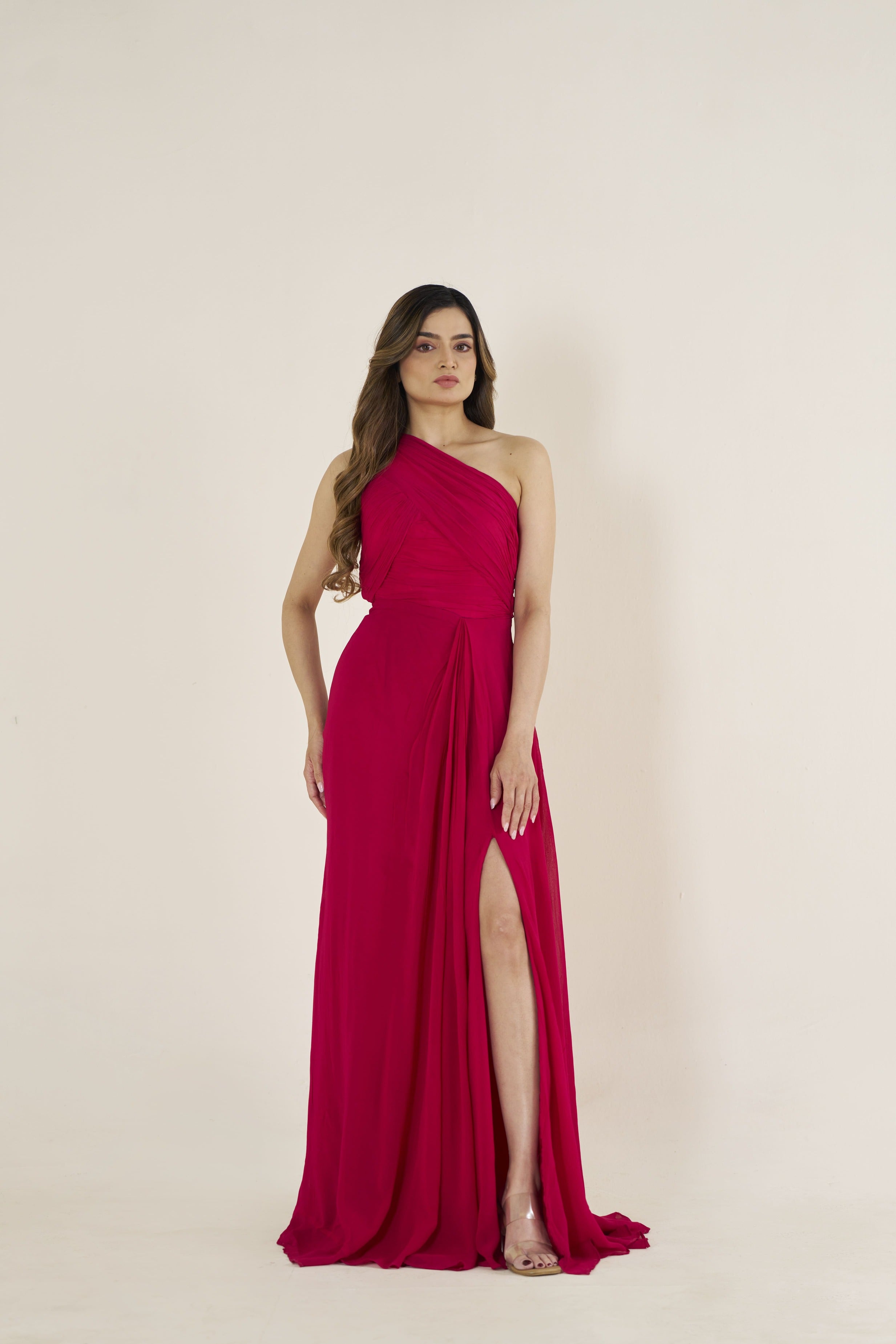Red One-Shoulder Evening Gown