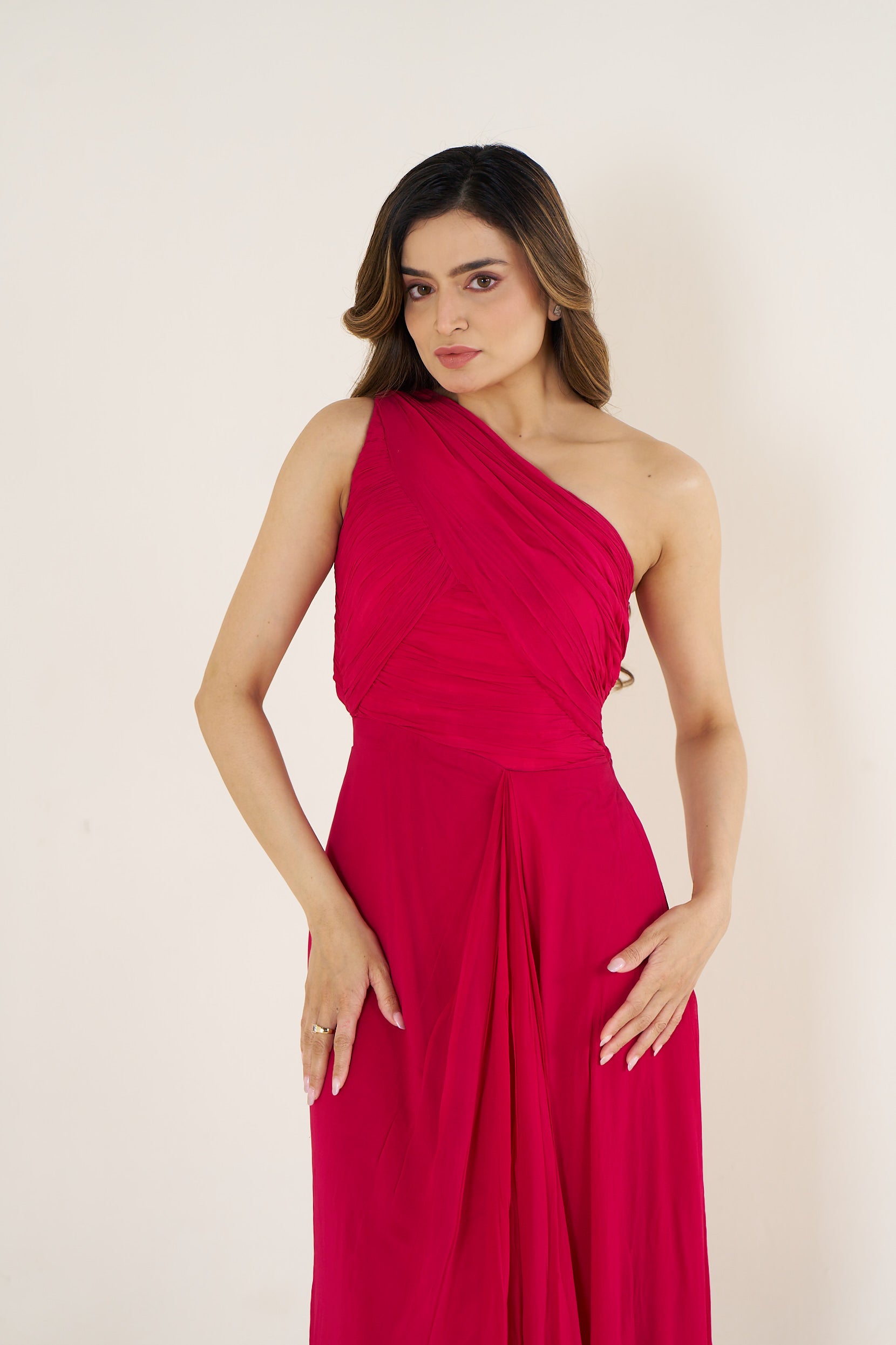 Red One-Shoulder Evening Gown