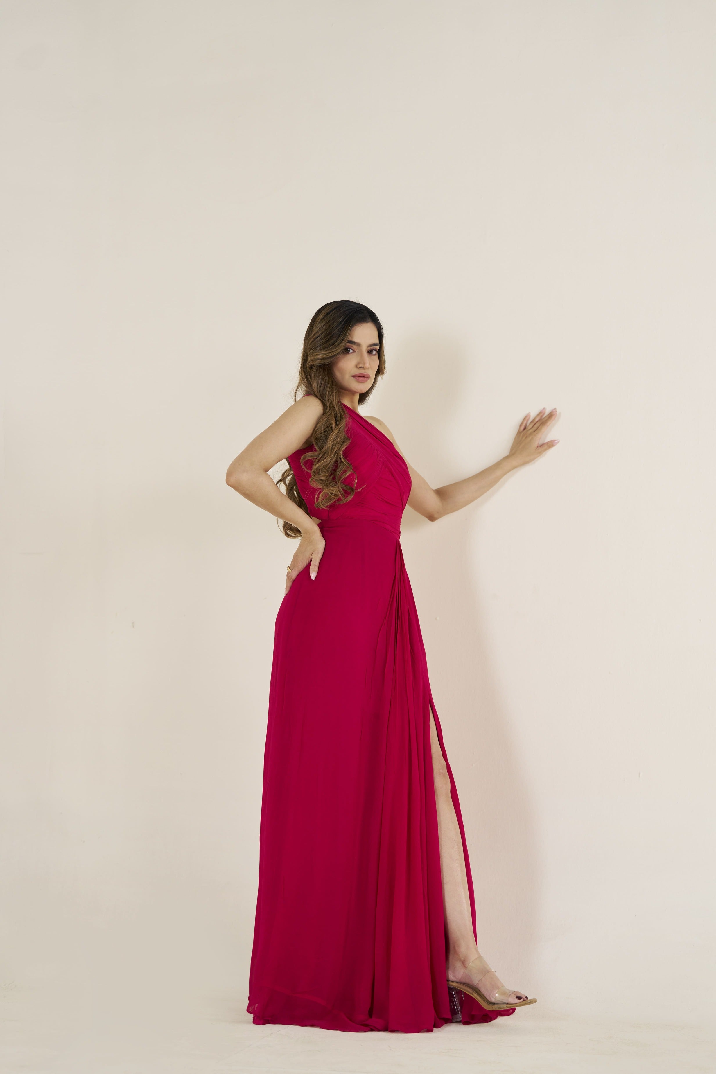 Red One-Shoulder Evening Gown