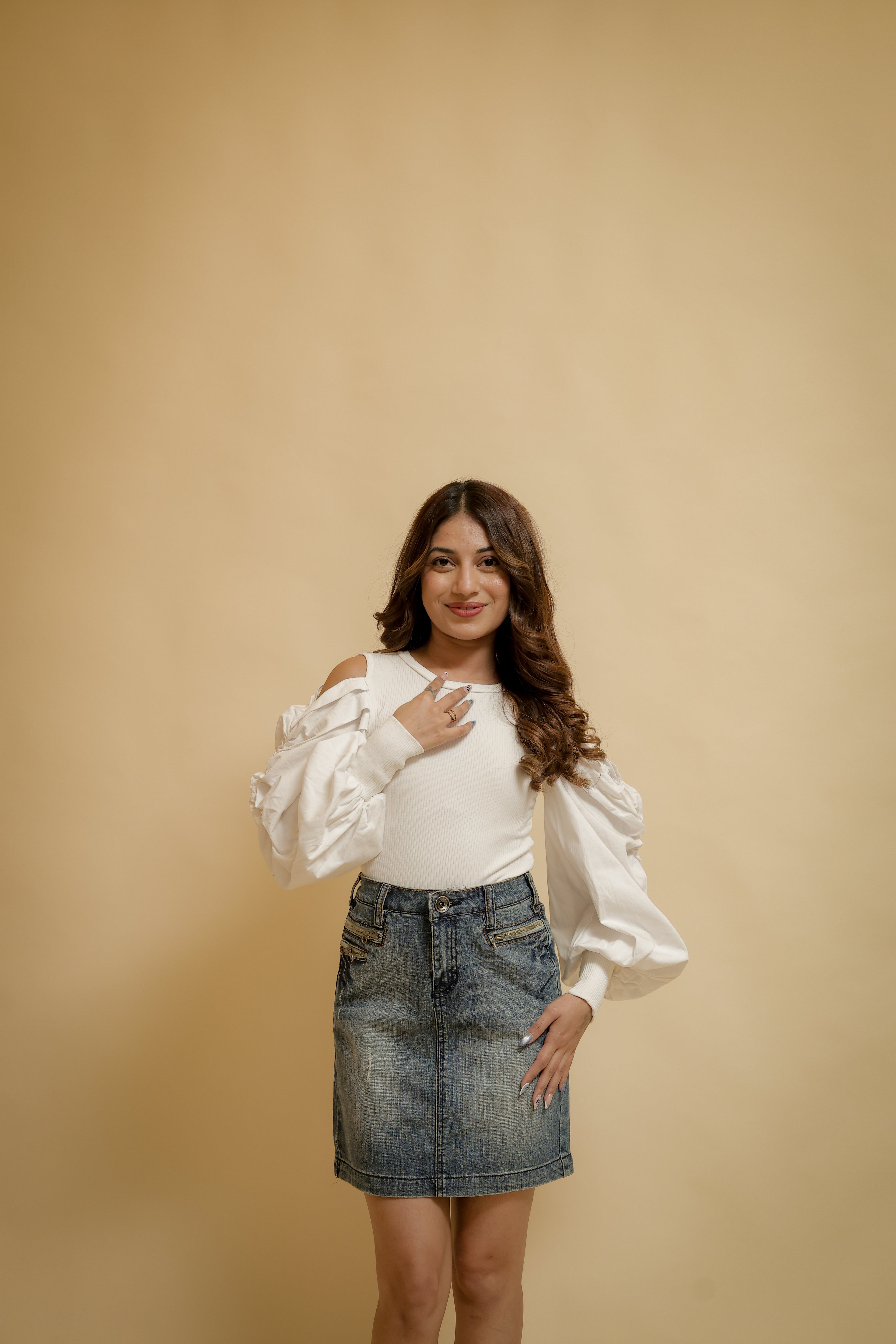 White Ruffle Sleeve Cut-Out Top