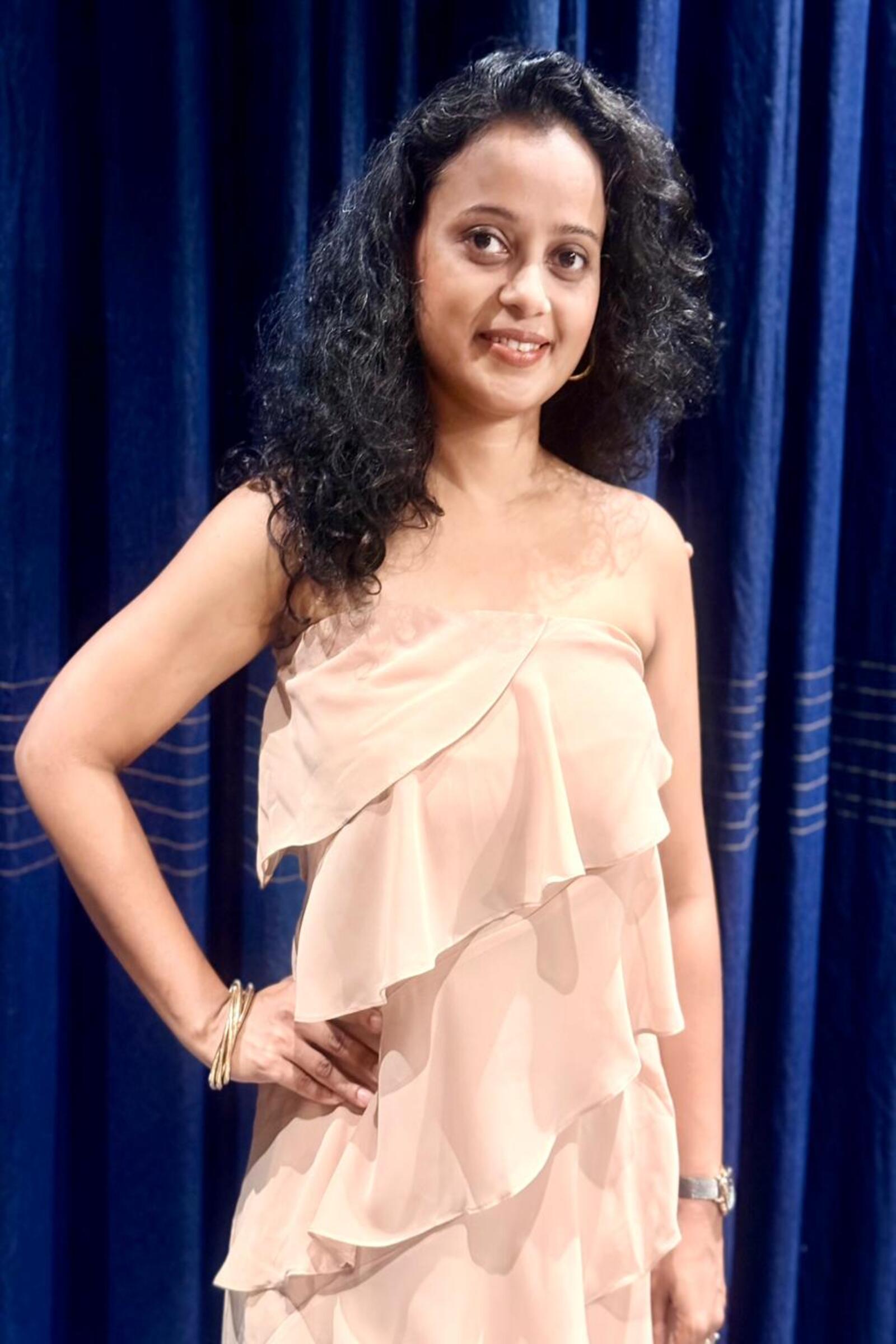 Nude Petal Asymmetric Tiered Dress