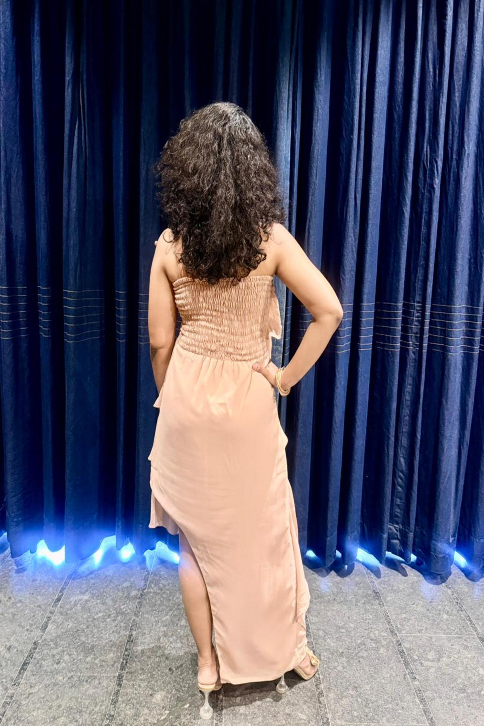 Nude Petal Asymmetric Tiered Dress