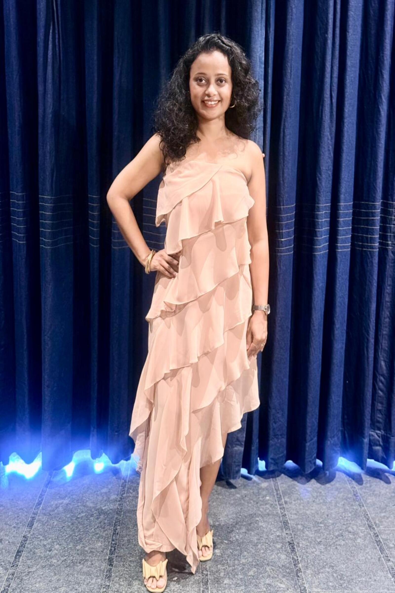 Nude Petal Asymmetric Tiered Dress