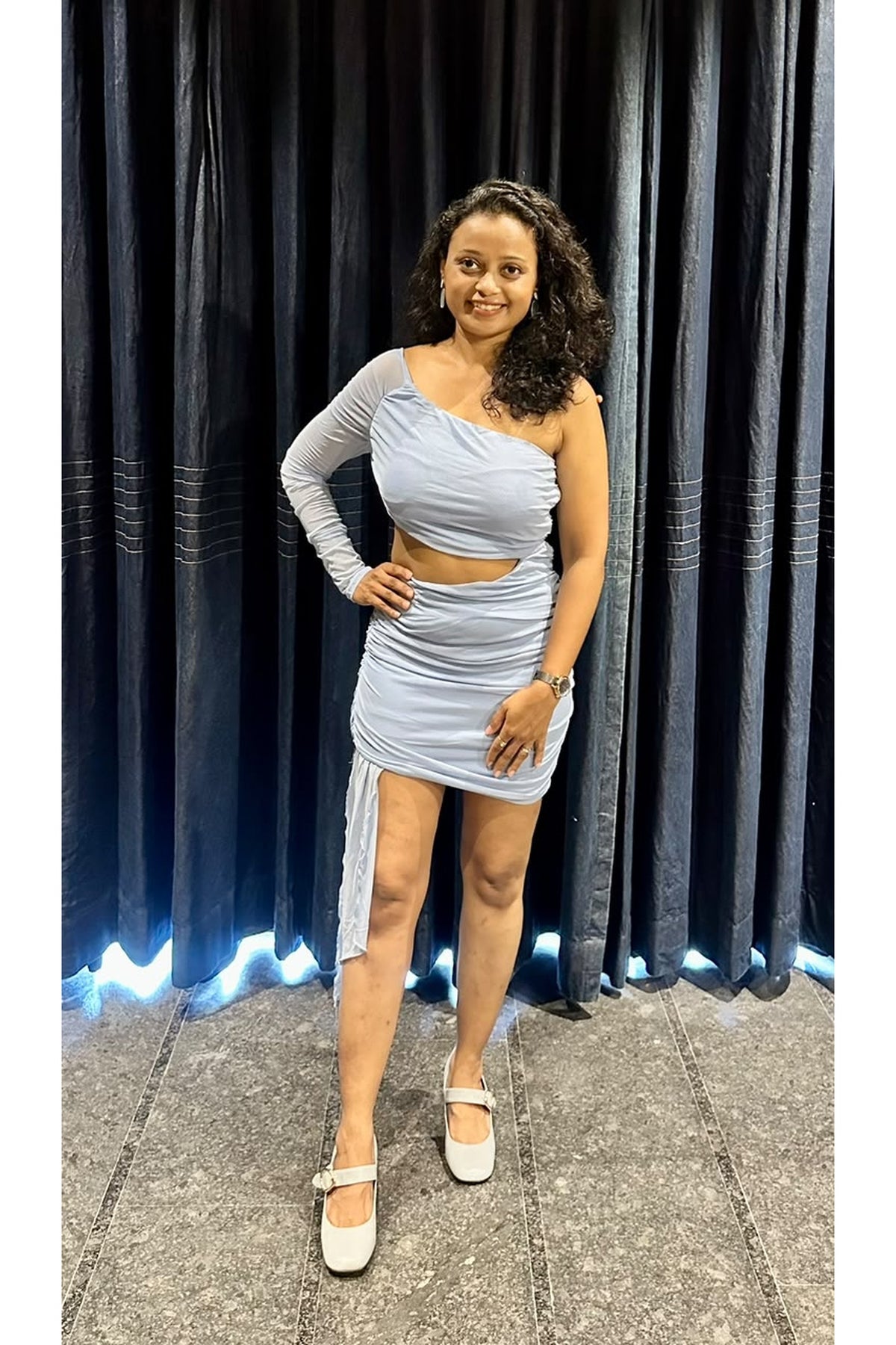 Serenity Ruched Mesh-Sleeve Dress