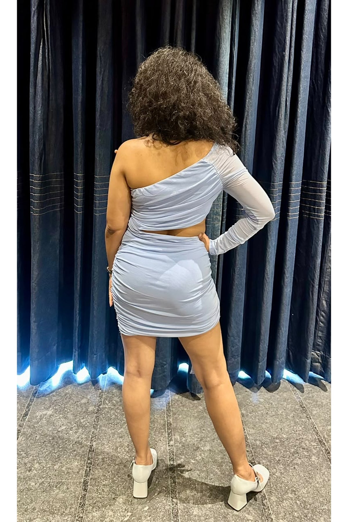 Serenity Ruched Mesh-Sleeve Dress