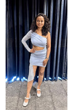 Serenity Ruched Mesh-Sleeve Dress