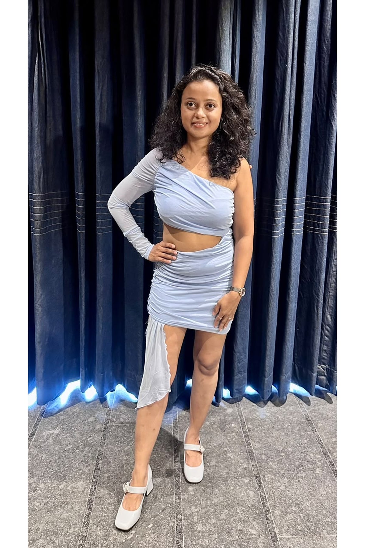 Serenity Ruched Mesh-Sleeve Dress