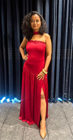 Ruby Red Tube Maxi Dress with Neck Scarf