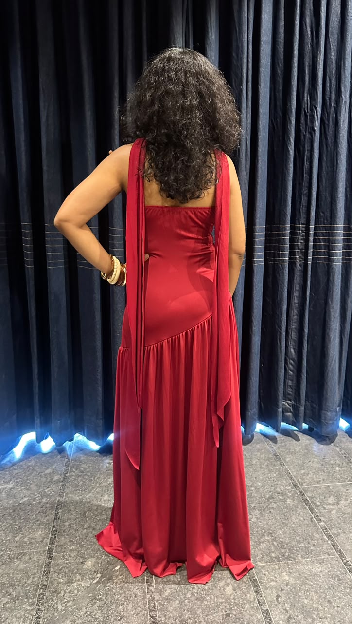 Ruby Red Tube Maxi Dress with Neck Scarf