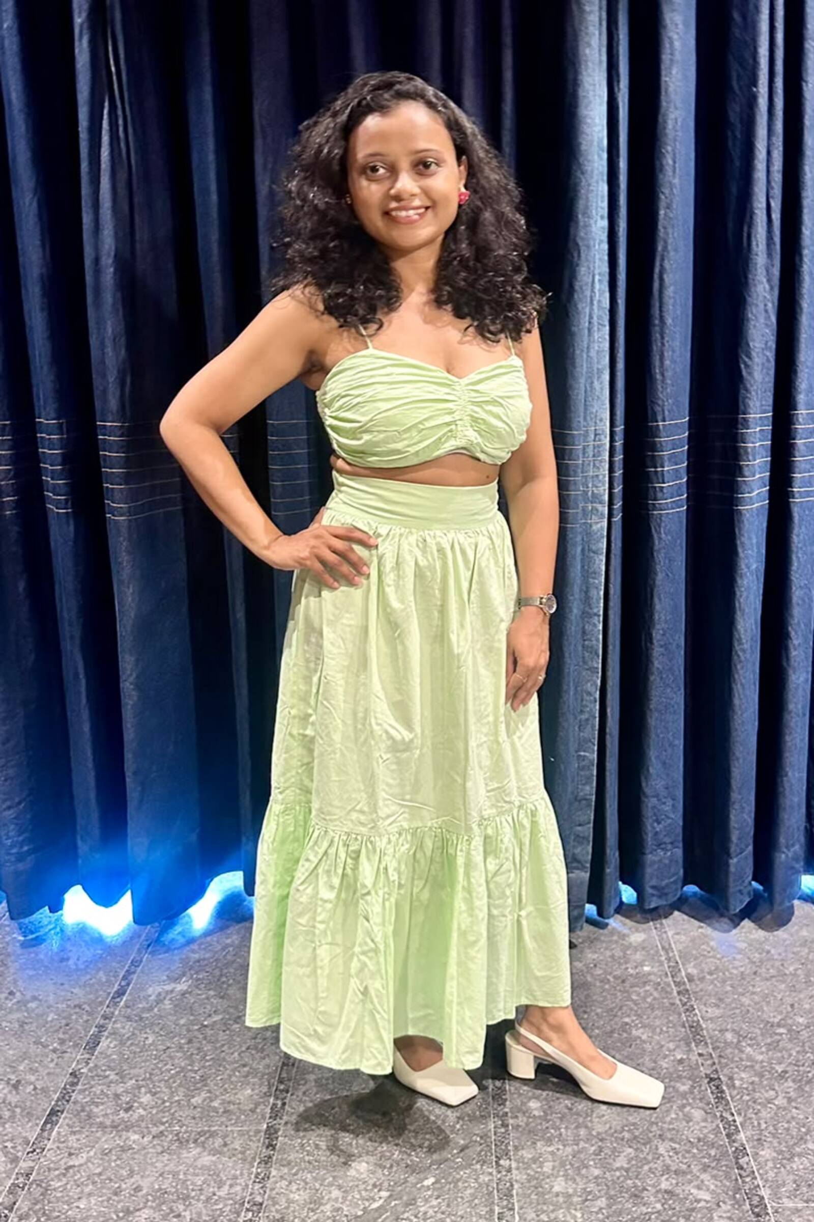 Ruched Bralette Top with Tiered Maxi Skirt