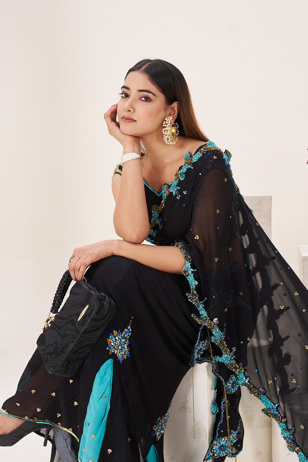 2 Pcs Black Saree Set with Aqua Detailing and Designer Blouse
